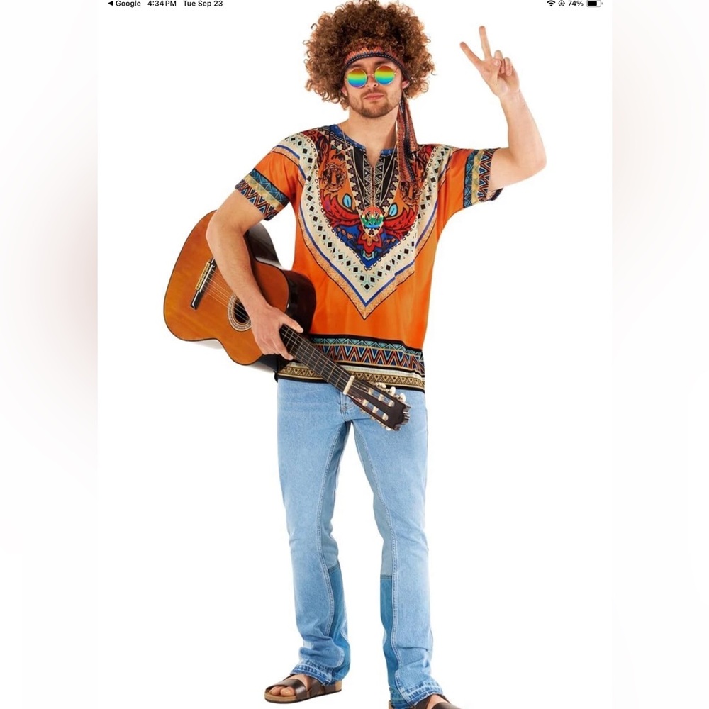 70s DELUXE Hippy Costume MenShirt w/WIG Sunglasses Necklace Hippy Costume NEW